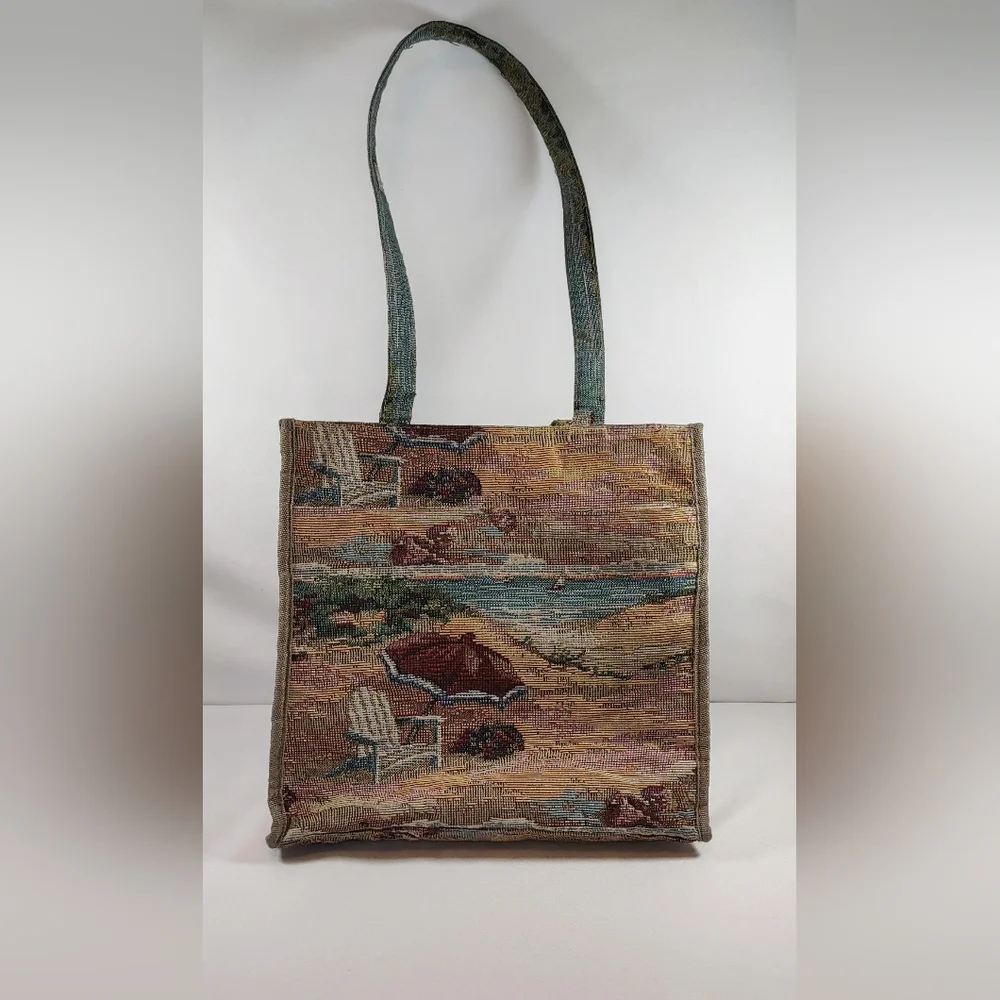 Jade Vintage Multicolor Coastal Beach Scene Tapestry Tote E/ Coin Purse
